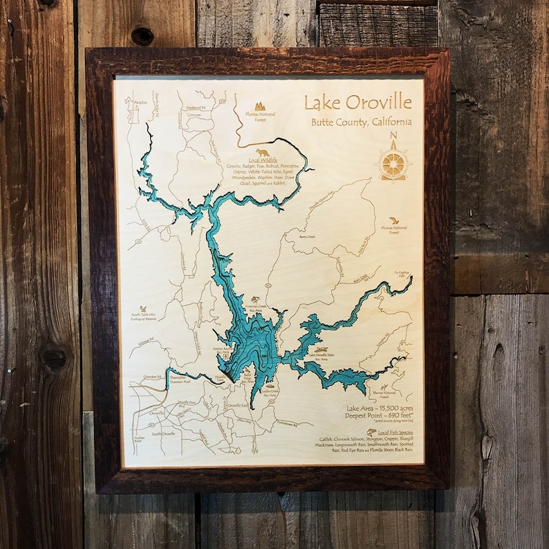Lake Oroville CA 3D Nautical Wood Map Laseretched Carved Etsy