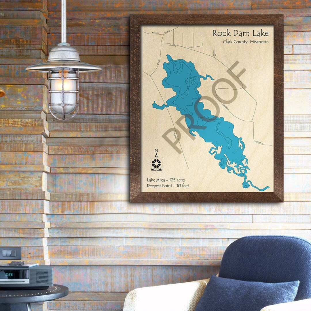 Rock Dam Lake, WI 3D Wood Carved Map Custom Nautical Wall Art, Fishing Decor, Lake House Decor