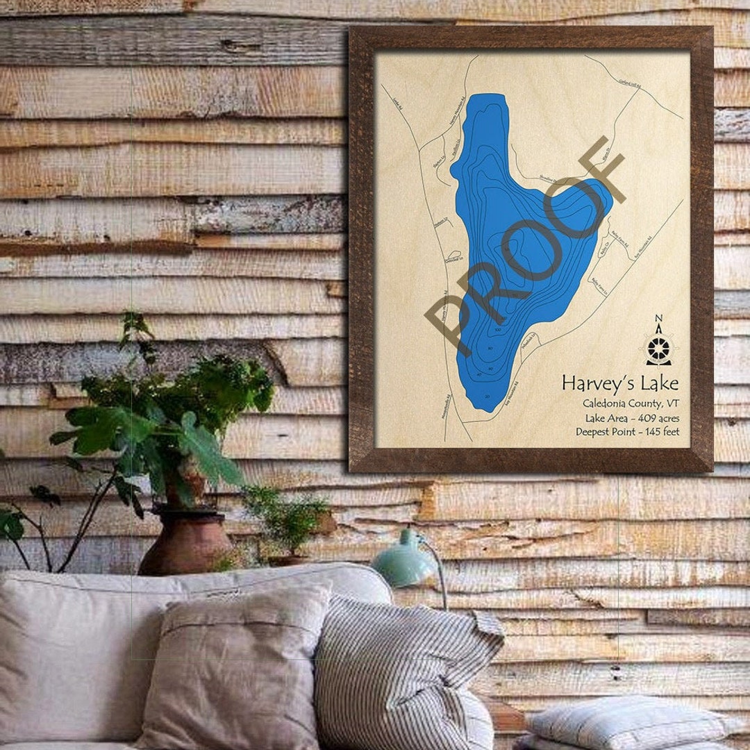 Harvey's Lake, VT 3D Wood Map Custom Nautical Chart, Cabin Decor, Lake House Decor, Lasercut