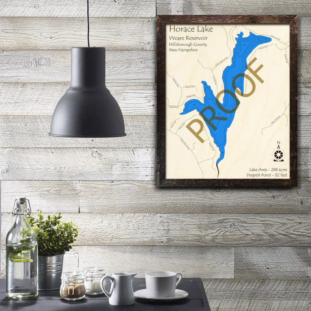 Horace Lake Weare Res, NH 3D Lasercut Wood Map Lake House Décor Cabin