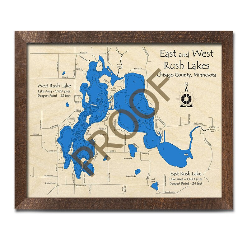 West Rush Lake East Rush Lake MN 3D Wood Map Custom Etsy