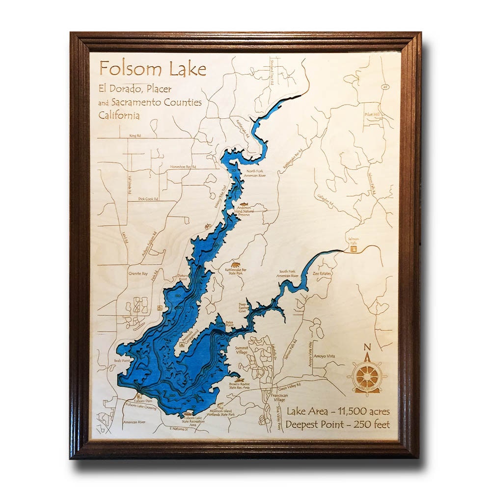 Folsom Lake California 3D Laser-cut Wood Map Depth Map of - Etsy