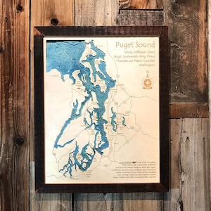 3D Puget Sound Wooden Map | Laser-engraved Puget Sound Wall Art | Wedding Gift - Anniversary Gift - Seattle, Washington