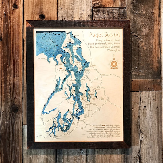 3D Puget Sound Wooden Map Laser-engraved Puget Sound Wall - Etsy
