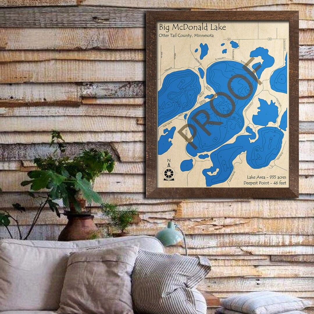 Big Mcdonald Lake, MN 3D Wood Map Custom Nautical Map, Cabin Decor