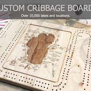 Laser-etched Cribbage Game Boards w/ your favorite Lake | Custom Nautical Cribbage Board | 10,000 Lakes / Coasts Available | Board Game Gift