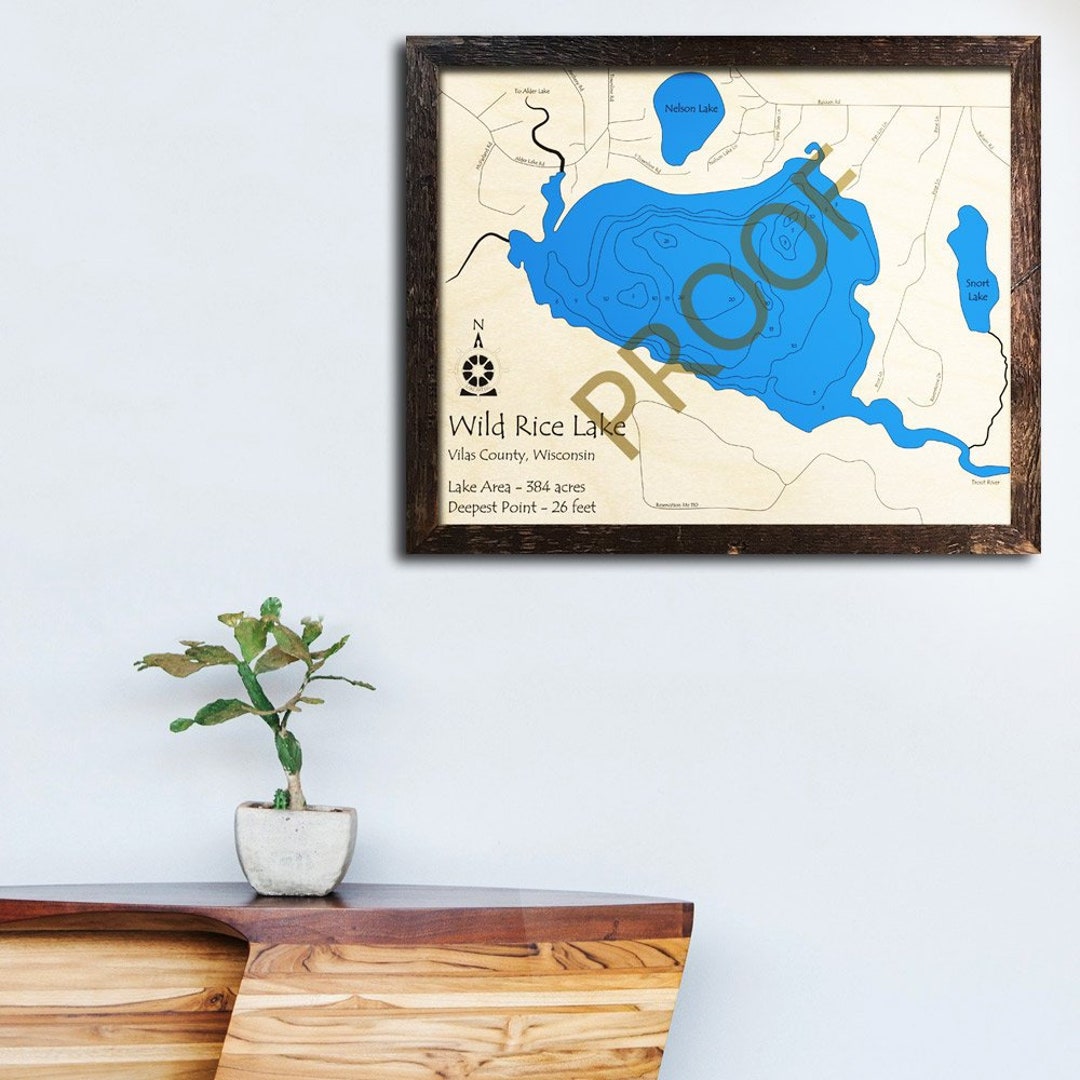 Wild Rice Lake, Wisconsin 3D Wood Map Cabin Decor Lake House Décor