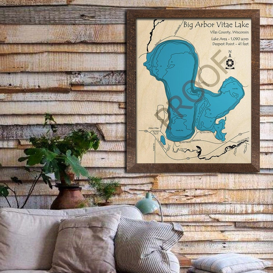 Big Arbor Vitae Lake, WI 3D Wood Carved Map Custom Nautical Wall Art, Cabin Decor, Lake House