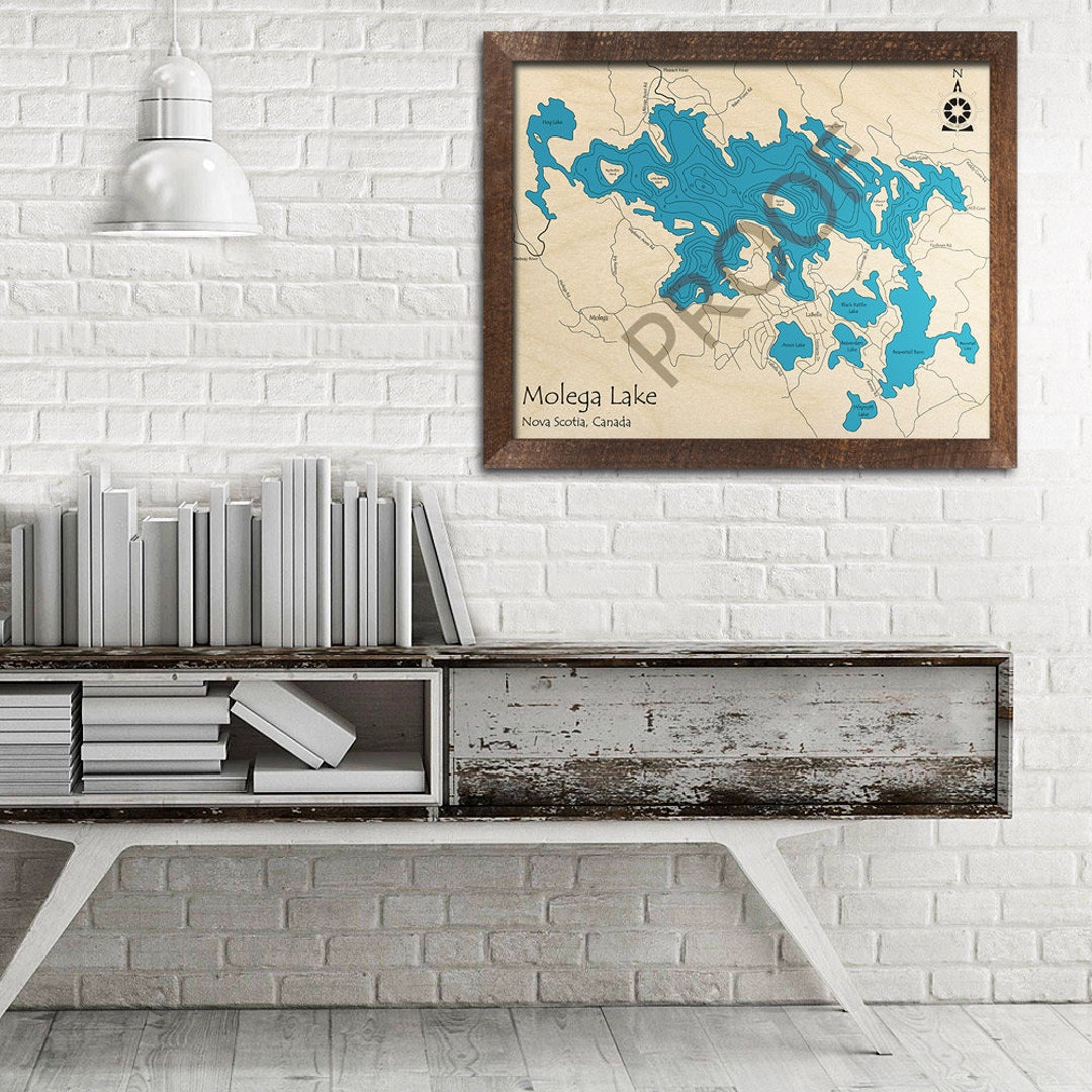Molega Lake 3D Wood Map Nova Scotia, Canada Custom Nautical Wall Art