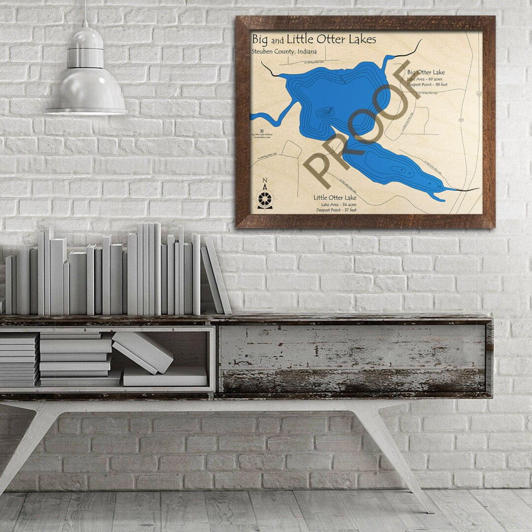 Big Otter Lake Little Otter Lake, Indiana 3D Wood Map Custom Nautical