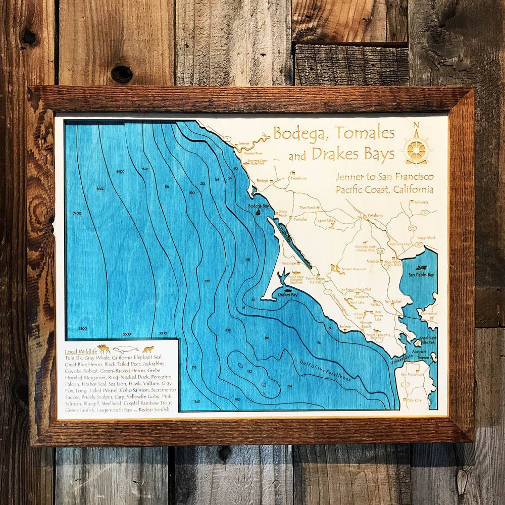 Bodega Bay Tomales Bay and Drakes Bay 3D Nautical Wood Map Etsy