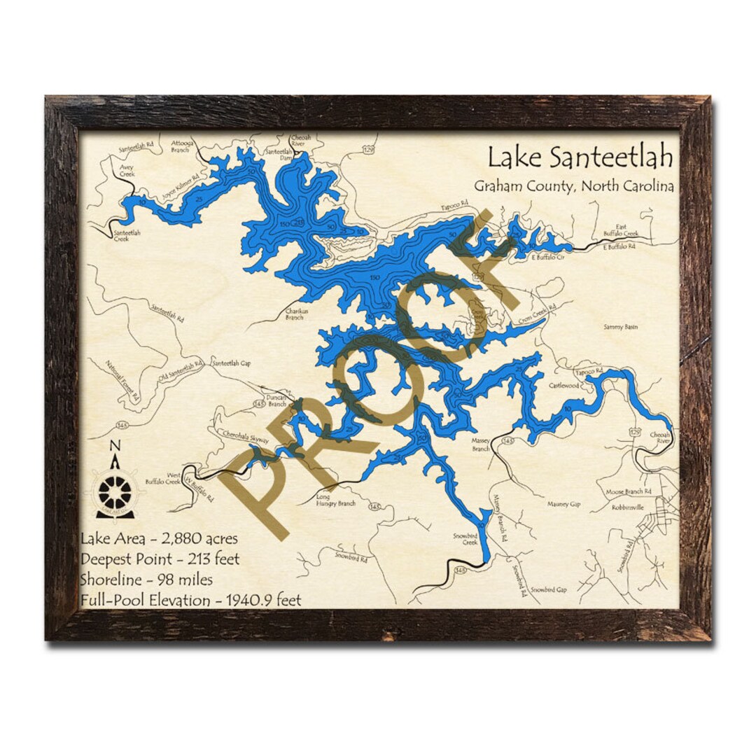 3D Lake Santeetlah Map, North Carolina, 3D Nautical Map Cabin Decor