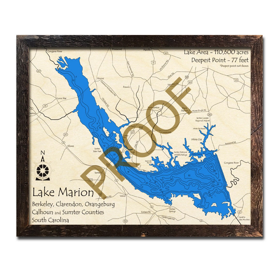 Wooden Lake Marion Map 3D Nautical Chart South Carolina Etsy