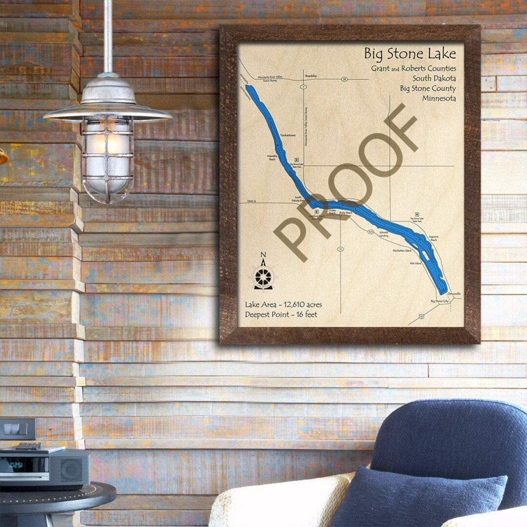 Big Stone Lake, SD 3D Wood Map 3D Depth Map, Cabin Decor, Lake House