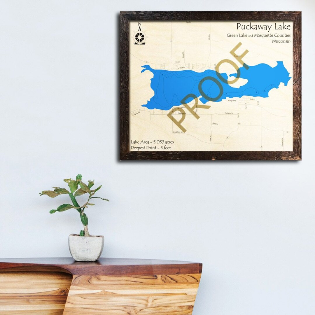 Puckaway Lake, WI 3D Wood Map Custom Cabin Decor Lake House Décor Nautical Decor Map Art