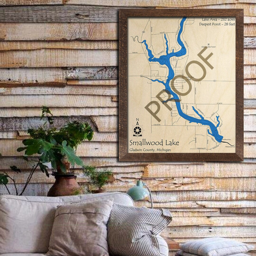 Smallwood Lake, MI 3D Wood Carved Map Custom Nautical Map, Cabin Decor