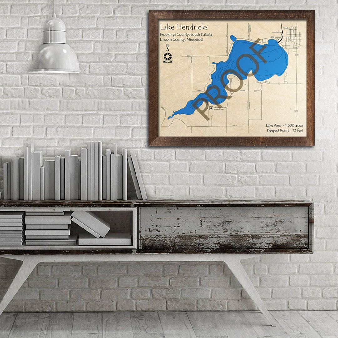Lake Hendricks, SD 3D Wood Map 3D Depth Map, Cabin Decor, Lake House