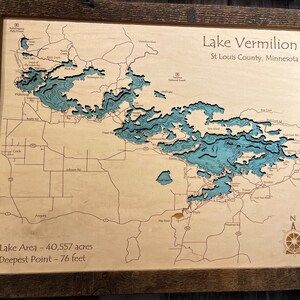 Lake Vermilion, MN 3D Laser-Cut Wood Map | Lake House Décor - Cabin Decor - Nautical Decor | Map Art, Wedding, Custom Gift image 3