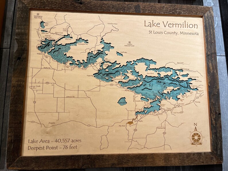 Lake Vermilion, MN 3D Laser-Cut Wood Map | Lake House Décor - Cabin Decor - Nautical Decor | Map Art, Wedding, Custom Gift image 3