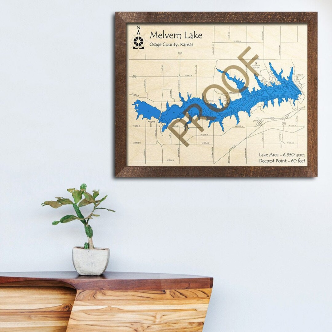 Melvern Lake, Kansas 3D Wood Map Custom Nautical Map, Cabin Decor, Lake