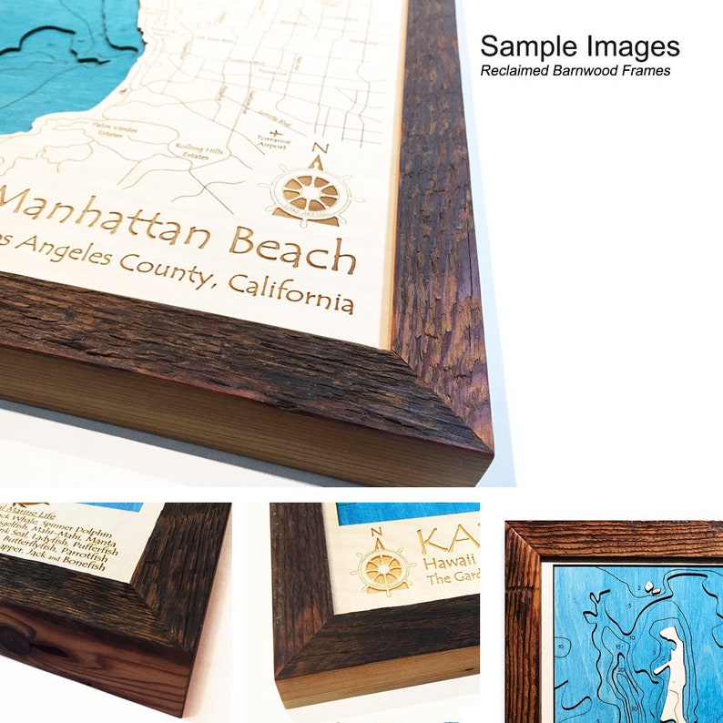 May include: A wooden frame with a rustic, distressed finish. The frame is made from reclaimed barnwood and has a natural wood color. The frame is shown with a map of Manhattan Beach, California, inside. The map is laser-cut and features a blue water color. The frame is a great way to add a touch of rustic charm to your home decor.