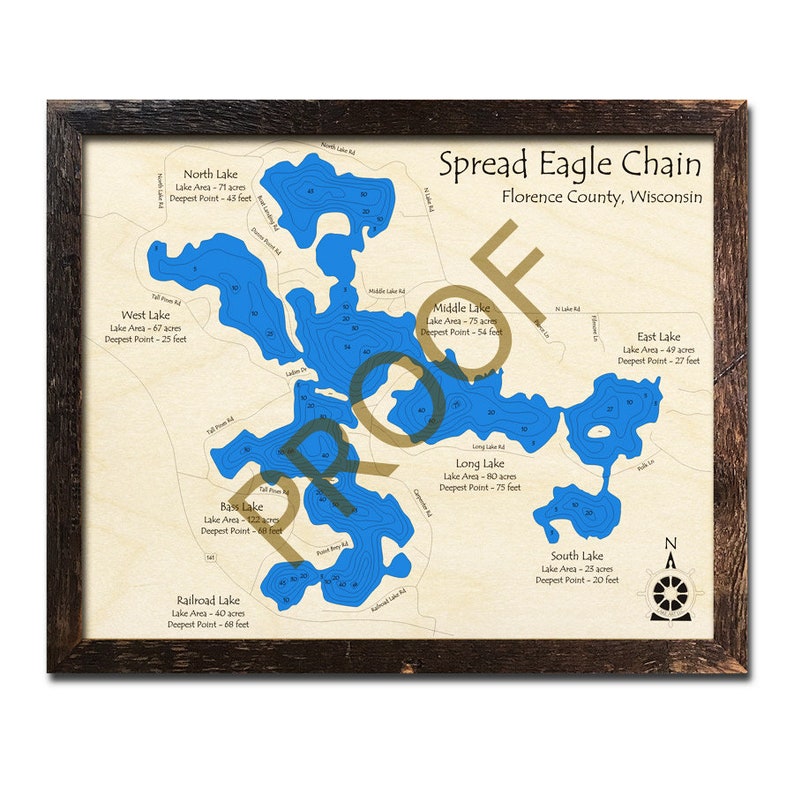 Spread Eagle Chain of Lakes WI 3D Wood Map Custom Cabin Etsy