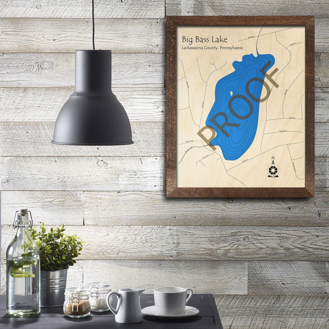 Big Bass Lake, PA 3D Wood Map Custom Nautical Map, Cabin Decor, Lake