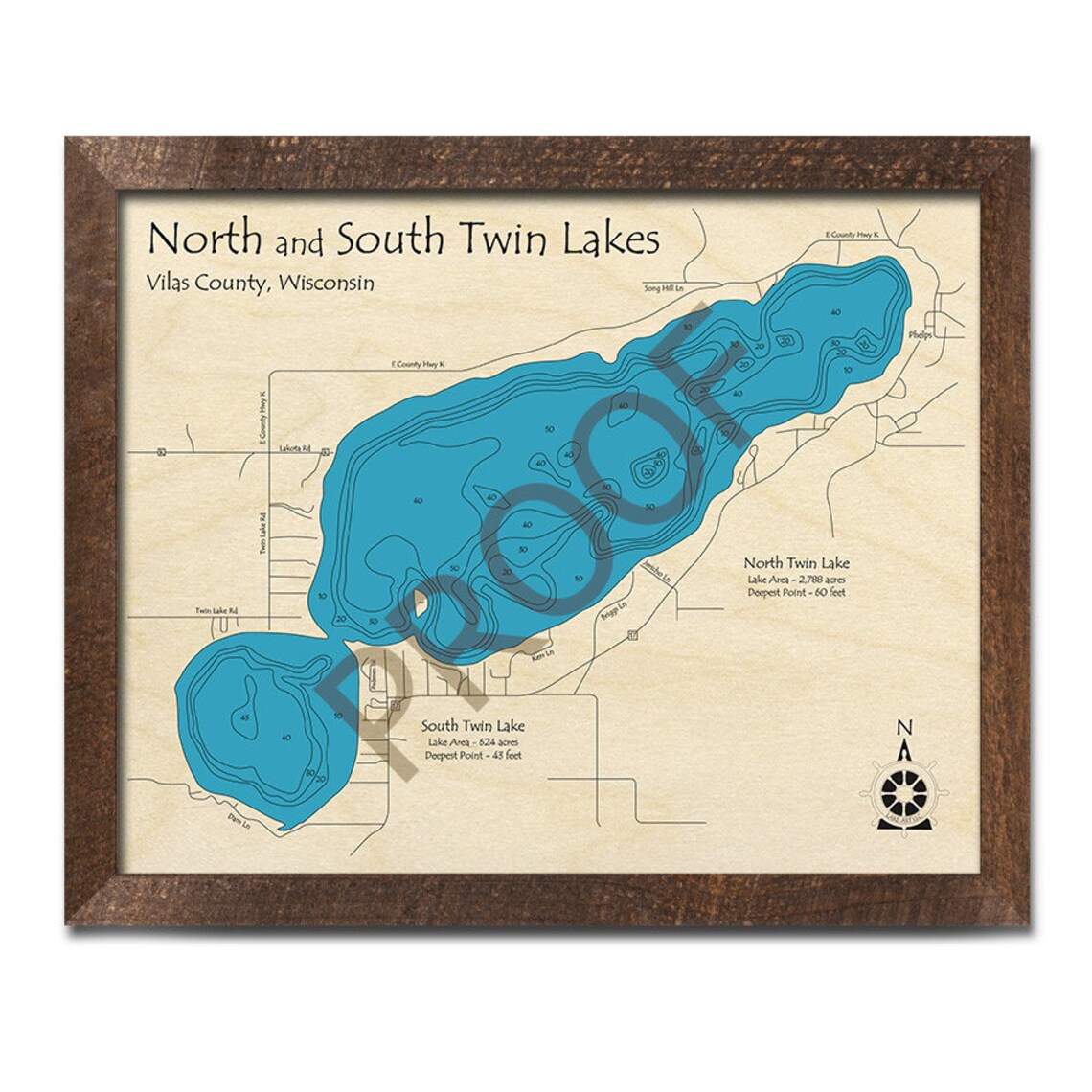 North Twin Lake South Twin Lake WI 3D Wood Carved Map Etsy.de
