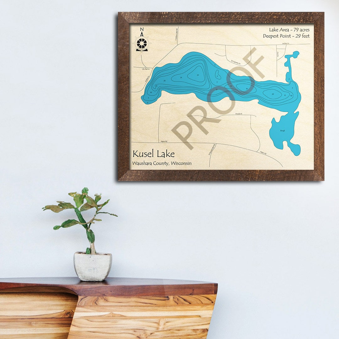 Kusel Lake, WI 3D Wood Carved Map Custom Nautical Wall Art, Cabin Decor