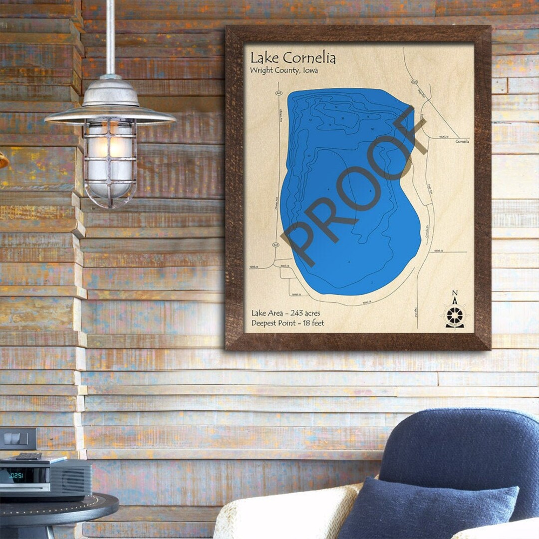 Lake Cornelia, Iowa 3D Wood Map Custom Nautical Map, Cabin Decor, Lake