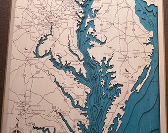Chesapeake Bay Map 3D Nautical Wood Map | Laser-etched Wood Map of Chesapeake Bay | Custom Wedding Gift - Christmas Gift