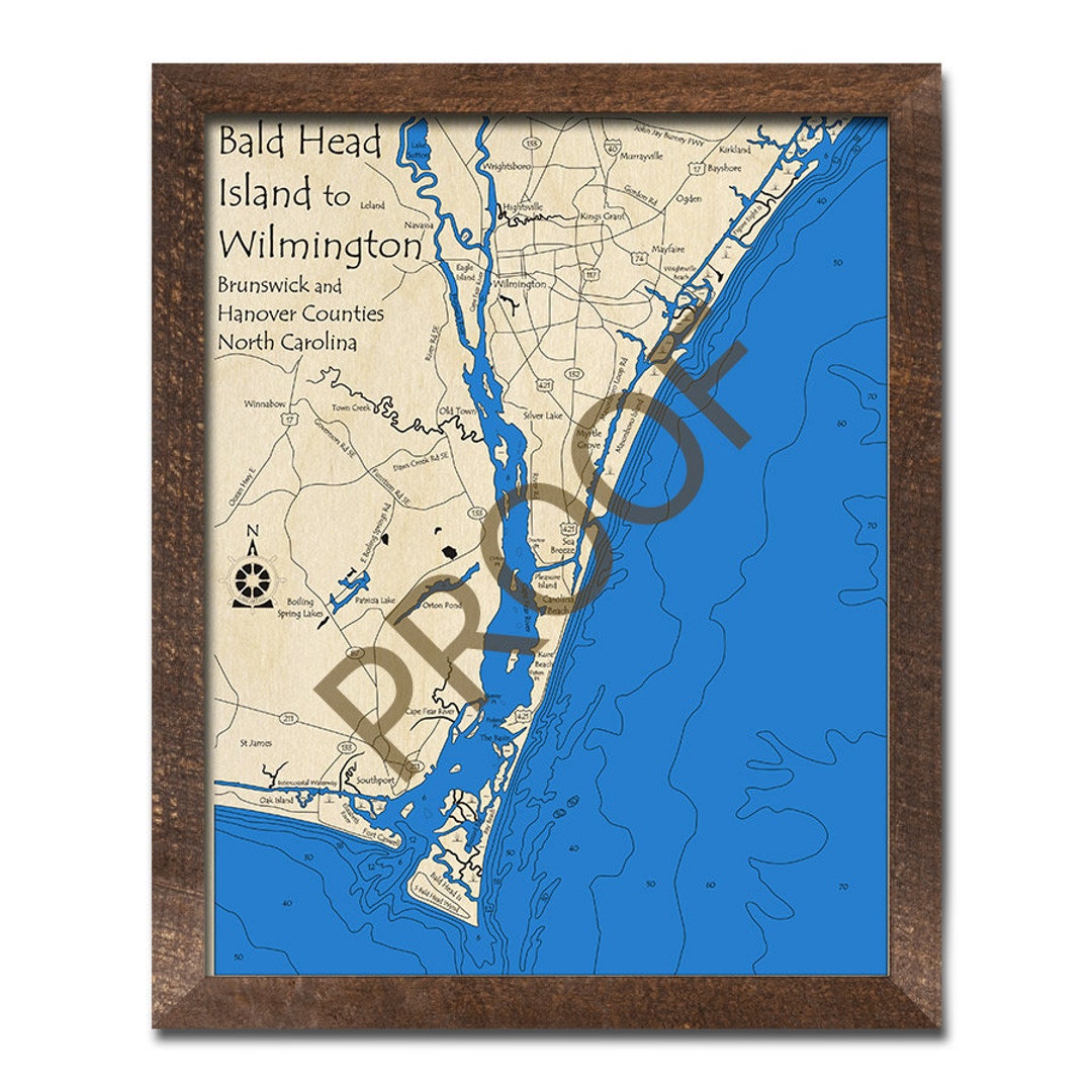 Wooden North Carolina Coast Map, bald Head Wilmington, 3D Nautical Map