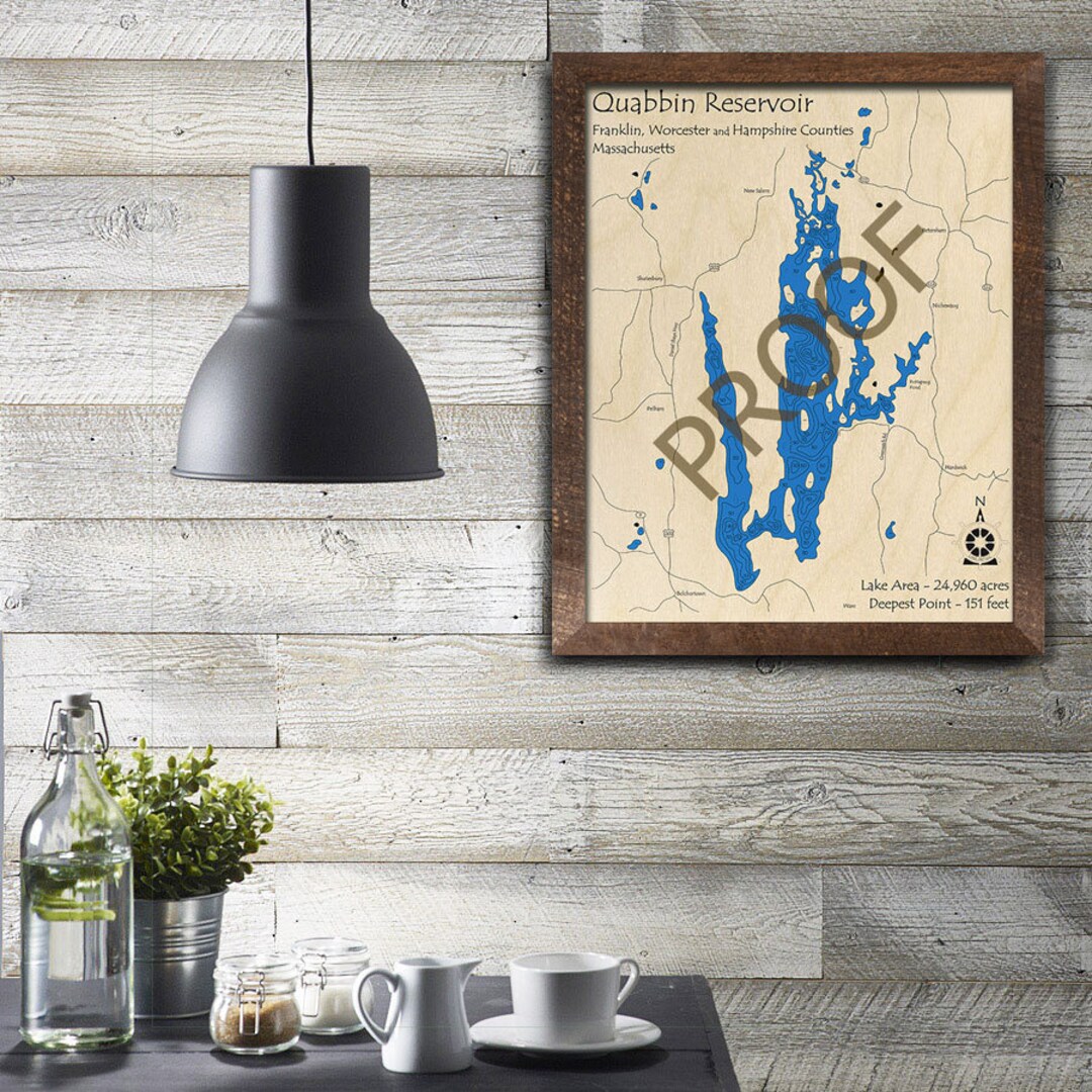 Quabbin Reservoir, MA 3D Wood Map Custom Nautical Chart, Unique Cabin