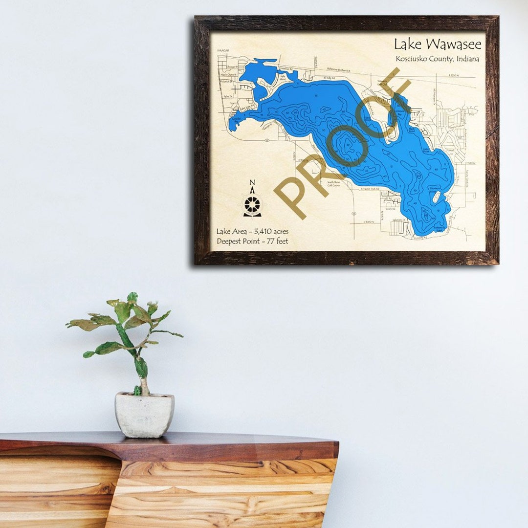 Lake Wawasee, IN 3D Lasercut Wood Map Lake House Décor Cabin Decor