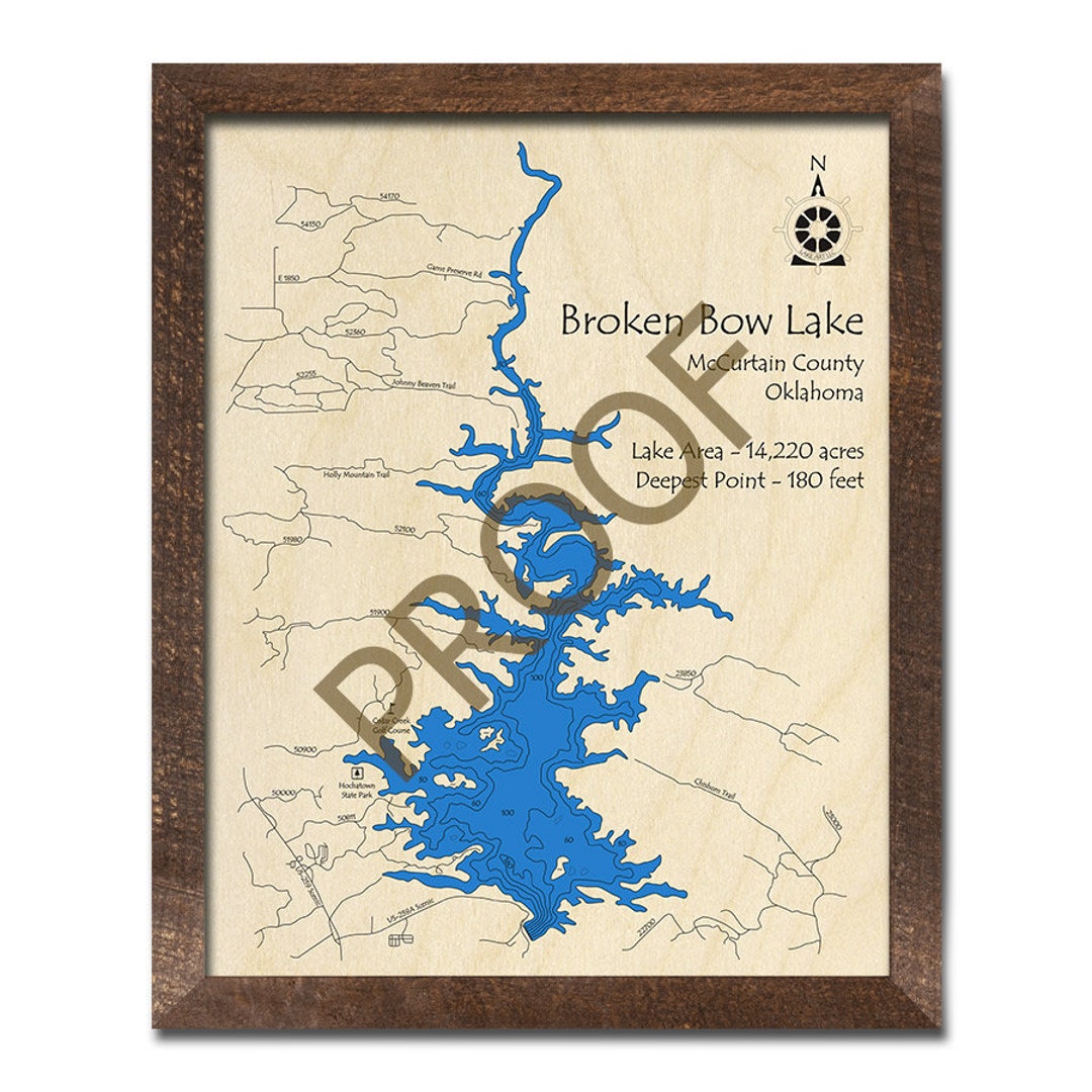 Wooden Broken Bow Lake Map, Oklahoma, 3D Lake Art 3D Depth Map, Cabin