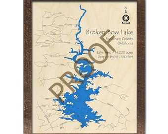 May include: A map of Broken Bow Lake in McCurtain County, Oklahoma. The lake is shown in blue, with surrounding roads and landmarks. The map includes the lake's area, 14,220 acres, and deepest point, 180 feet.