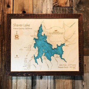 Shaver Lake CA Nautical Wood Map, Laser-Etched 3D Wooden Art image 2