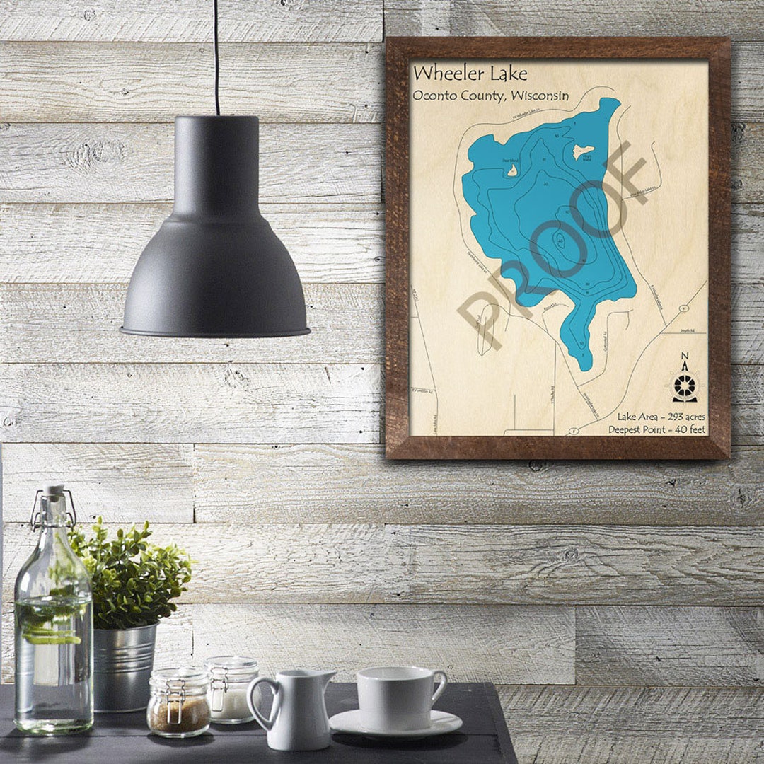 Wheeler Lake, WI 3D Wood Carved Map Custom Nautical Wall Art, Fishing