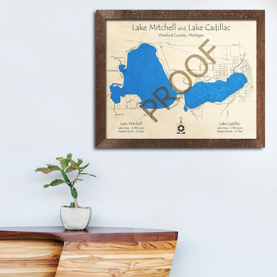 Lake Cadillac Fishing Map Lake Mitchell Lake Cadillac Mi 3D Wood Map Custom | Etsy Uk