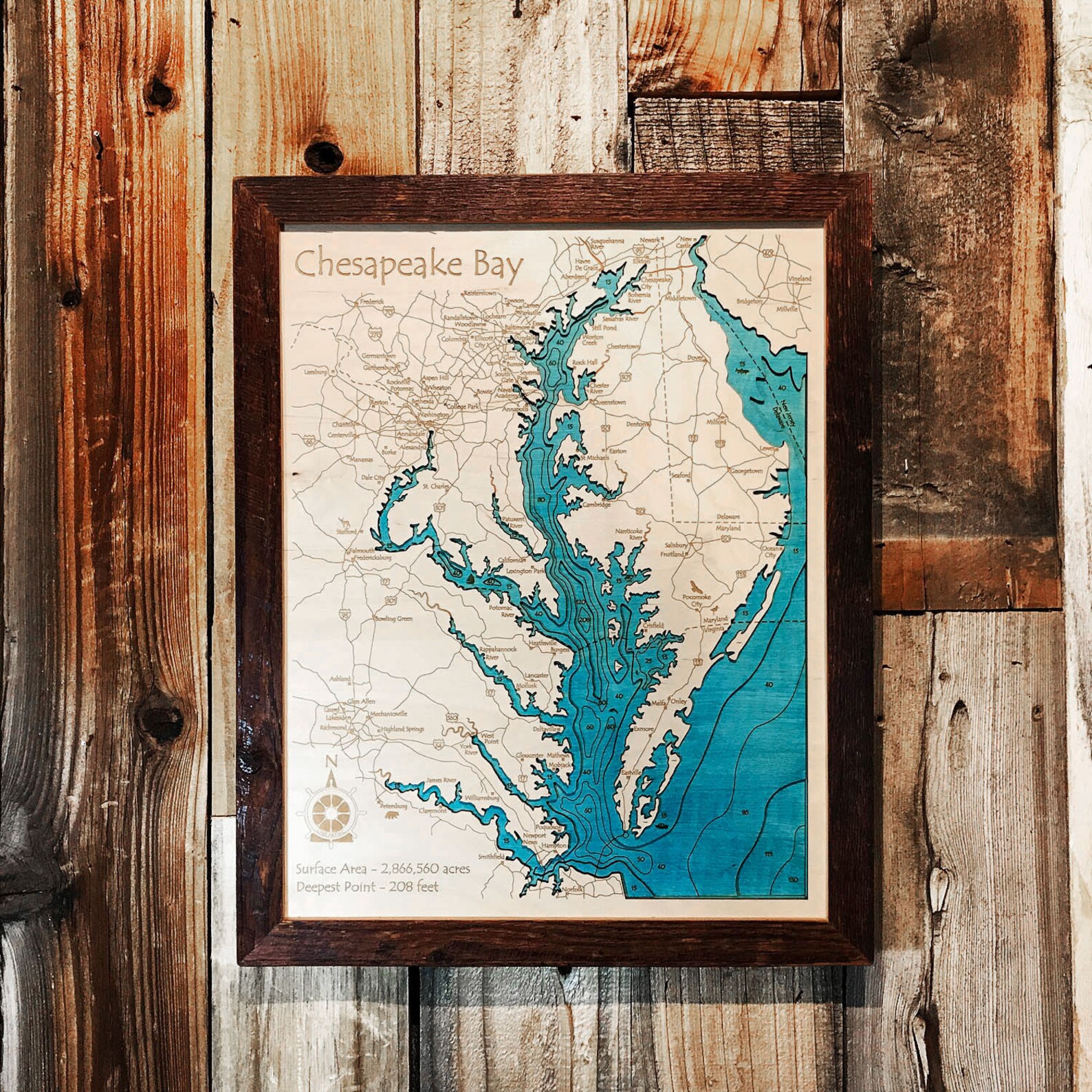 Chesapeake Bay 3D Nautical Wood Map Laser-etched carved Wood  Etsy