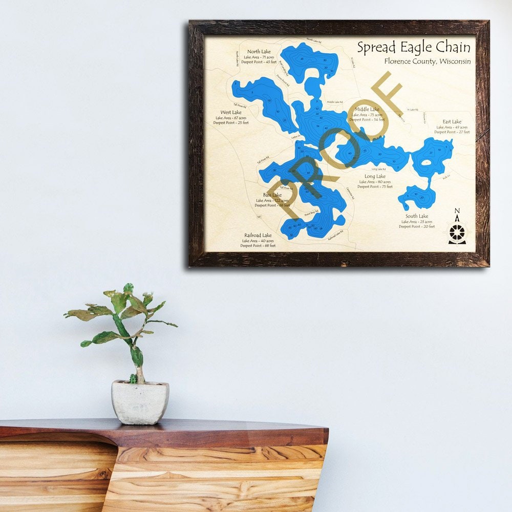 Spread Eagle Wisconsin Map Spread Eagle Chain Of Lakes Wi 3D Wood Map Custom Cabin | Etsy Ireland