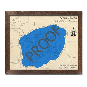 Green Lake (Kandiyohi Cty), MN 3D Wood Map | Custom Nautical Map, Cabin Decor, Lake House Decor, 3D Wooden Chart, Minnesota