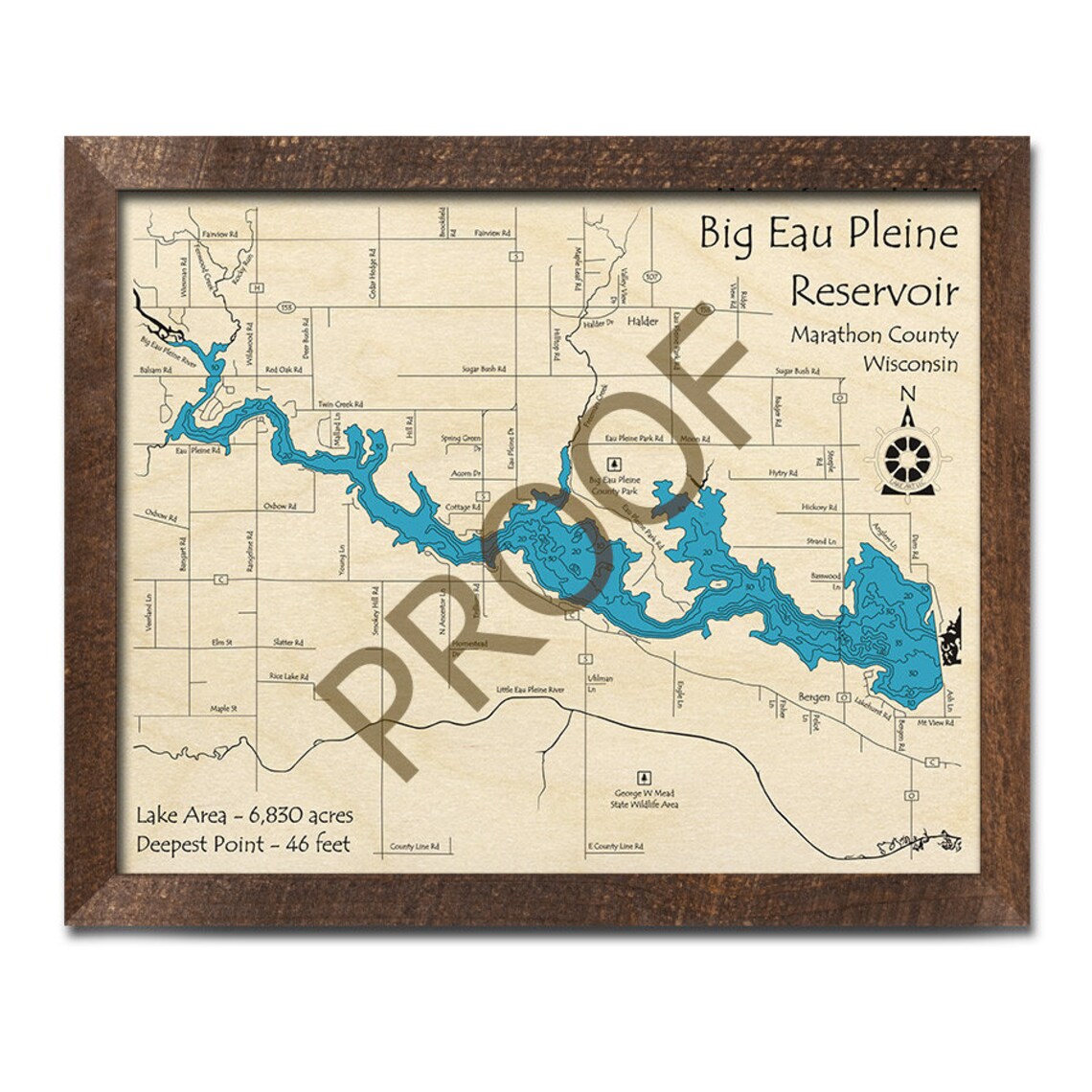 Big Eau Pleine Reservoir WI 3D Wood Carved Map Custom Etsy