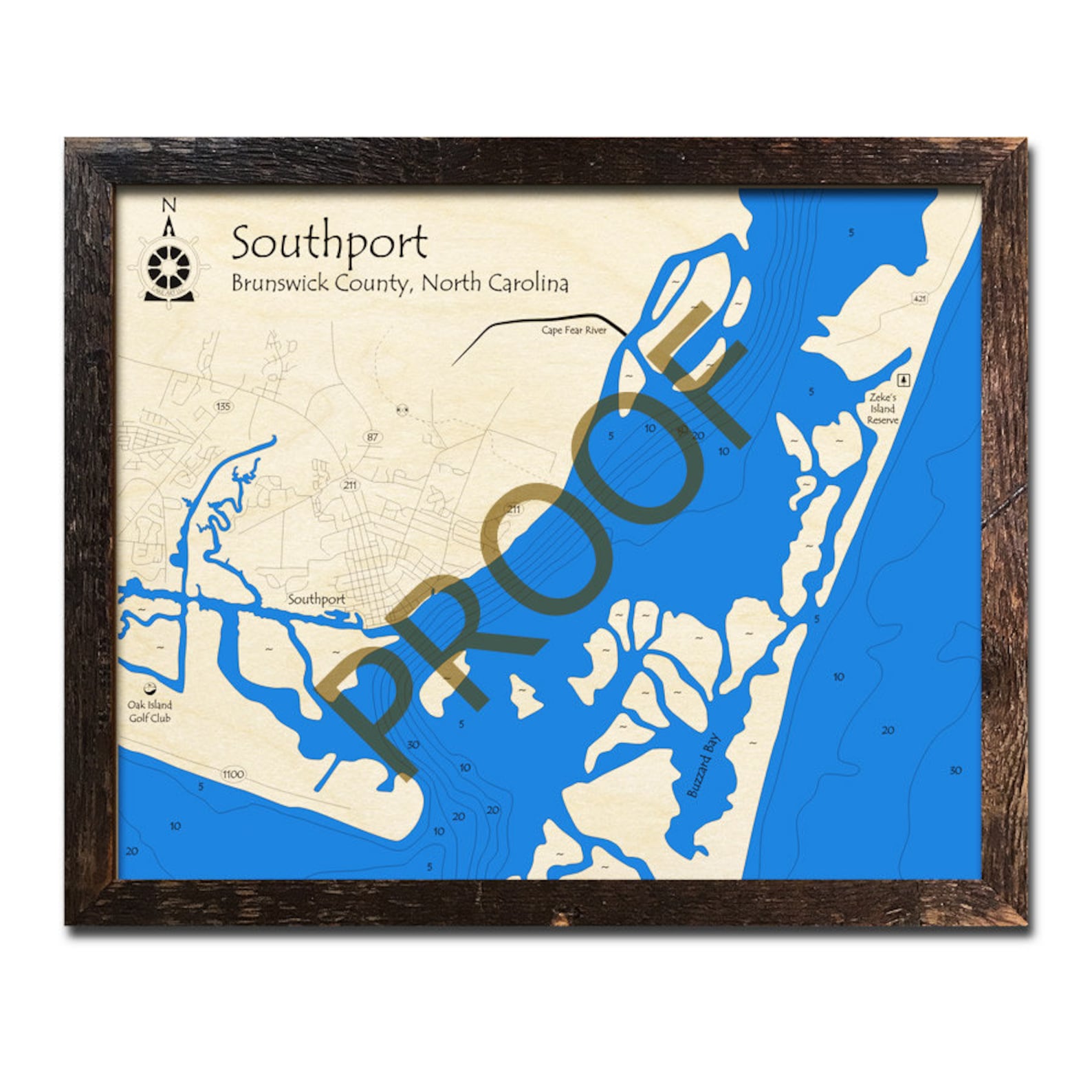Wooden Cape Fear River Southport Map North Carolina 3D Etsy