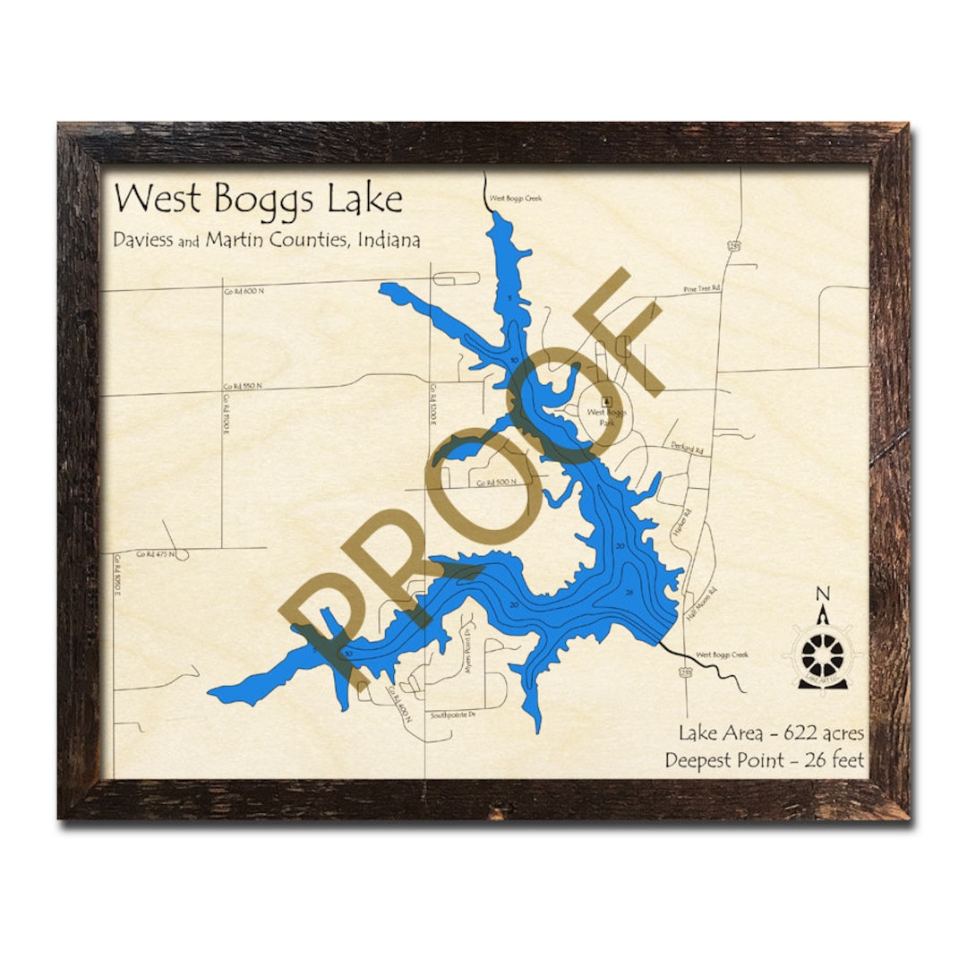 Wooden West Boggs Lake Map, Indiana, 3D Wood Map Custom Cabin Decor