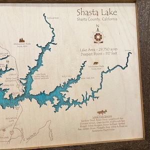 Lake Shasta 3D Wood Topo Map | Nautical Wood Chart of Shasta Lake | Anniversary Gift,  Gift for Him, Nautical Décor, Mountain Lake Art