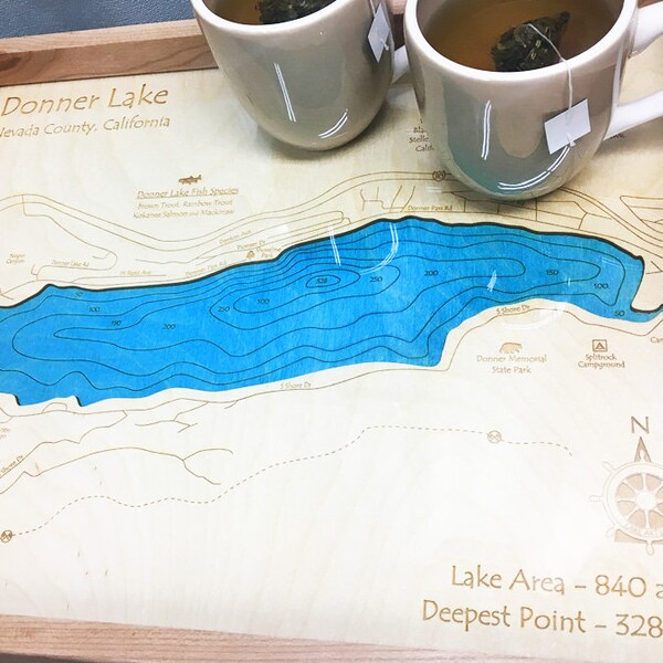 Donner Lake Map | Custom Wooden Serving Tray | Custom, Personalized, Laser-Etched | Map Art, Wedding, Anniversary Gift | Nautical Map Decor