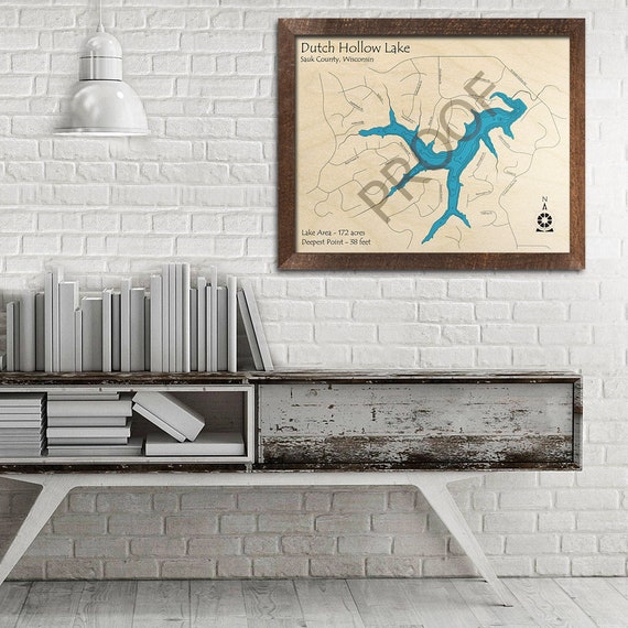 Dutch Hollow Lake, WI 3D Wood Carved Map | Custom Nautical Wall