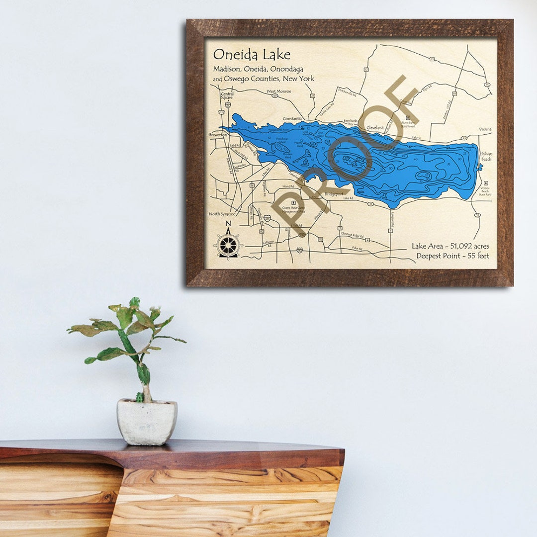 Oneida Lake, NY 3D Wood Map Custom Nautical Chart, Cabin Decor, Lake