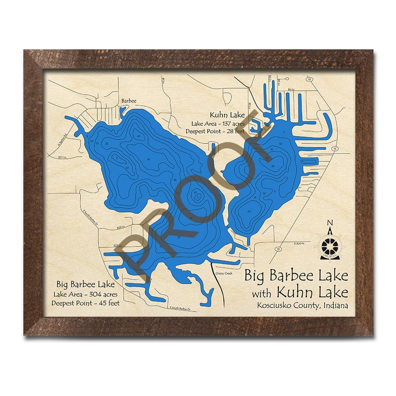 Big Barbee Lake Kuhn Lake Indiana 3D Wood Map Custom Etsy